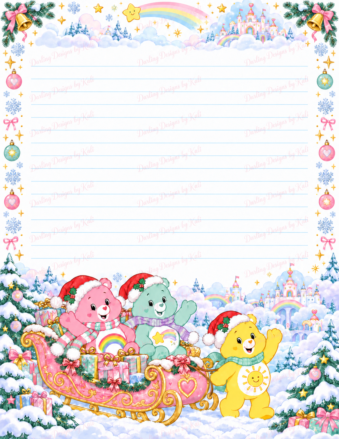 Christmas Care Bears Stationery Sheet