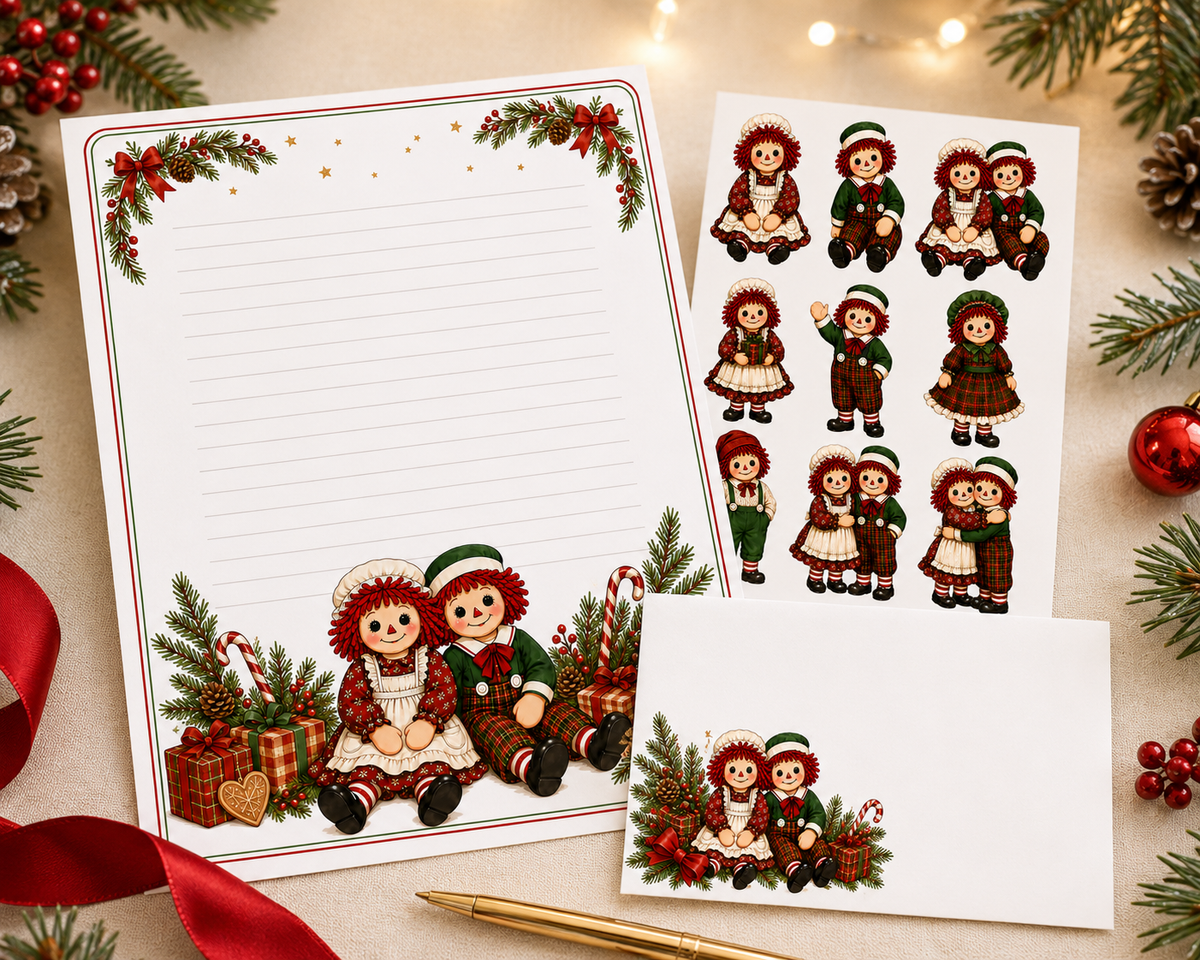Classic rag-doll-inspired Christmas stationery set.