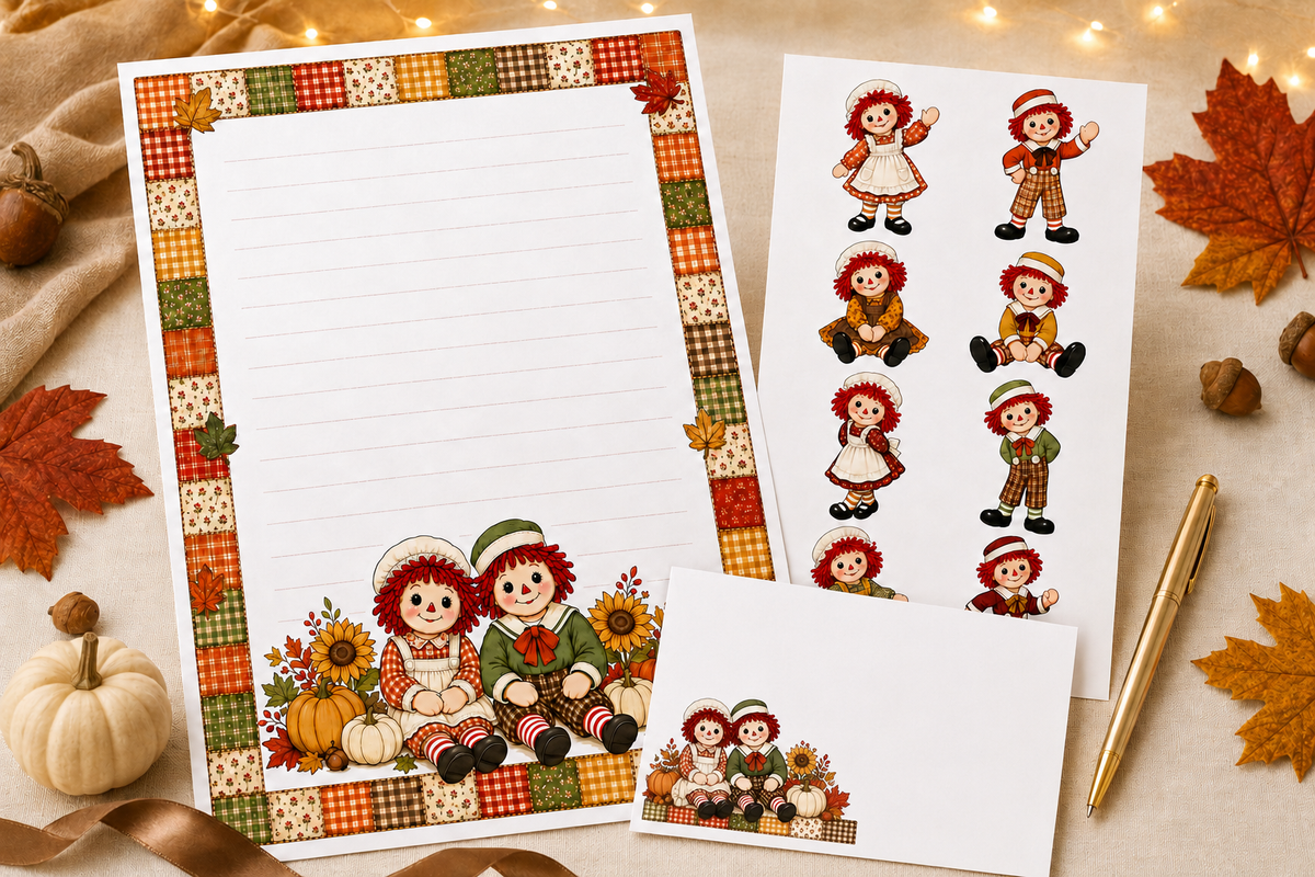 Adorable vintage rag-doll-inspired stationery set.